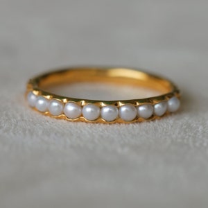 18k Gold Plated Dainty White Pearl Gold Band, Pearl Gold Ring- Stunning Wedding & Engagement Ring, Minimal Half Eternity Design band