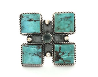 Turquoise Apatite Silver Statement Ring - Turquoise Silver Ring, 925 Sterling Silver, Natural Turquoise Ring, Multi Turquoise Square Ring