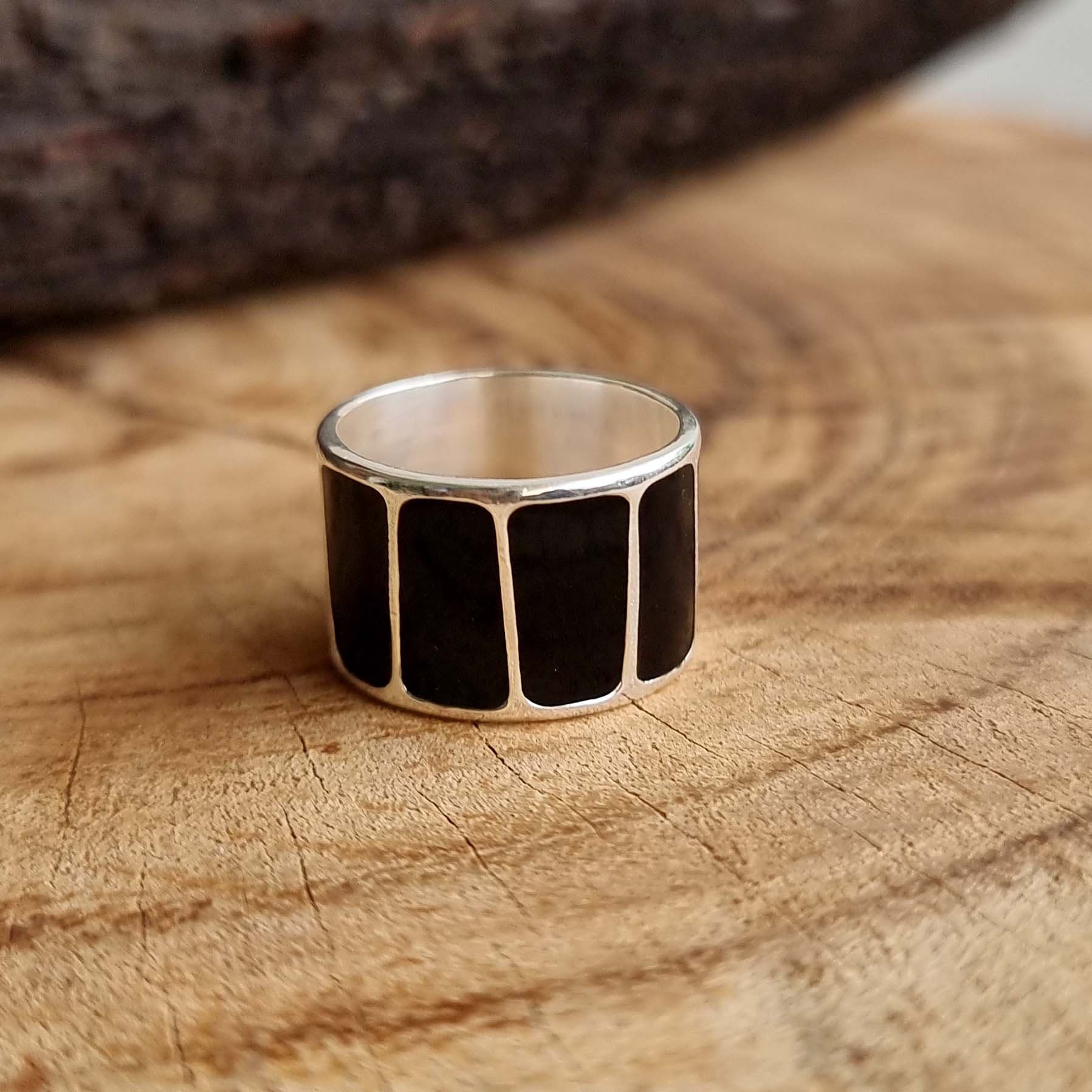 Black and silver band ring deals
