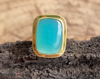 Natural Aqua Chalcedony Ring, 925 Sterling with 18k Gold plated Ring, boho Silver Jewelry, Unisex Ring, Gift for him. Fathers day gift