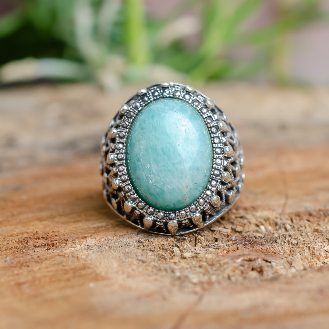 Amazonite Ring, Sterling Silver Men's Ring, Natural Amazonite Stone ...