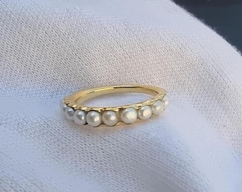 Anello in oro con perle bianche placcato oro 18k, anello in oro con perle - Splendido anello di fidanzamento e matrimonio, regali di San Valentino