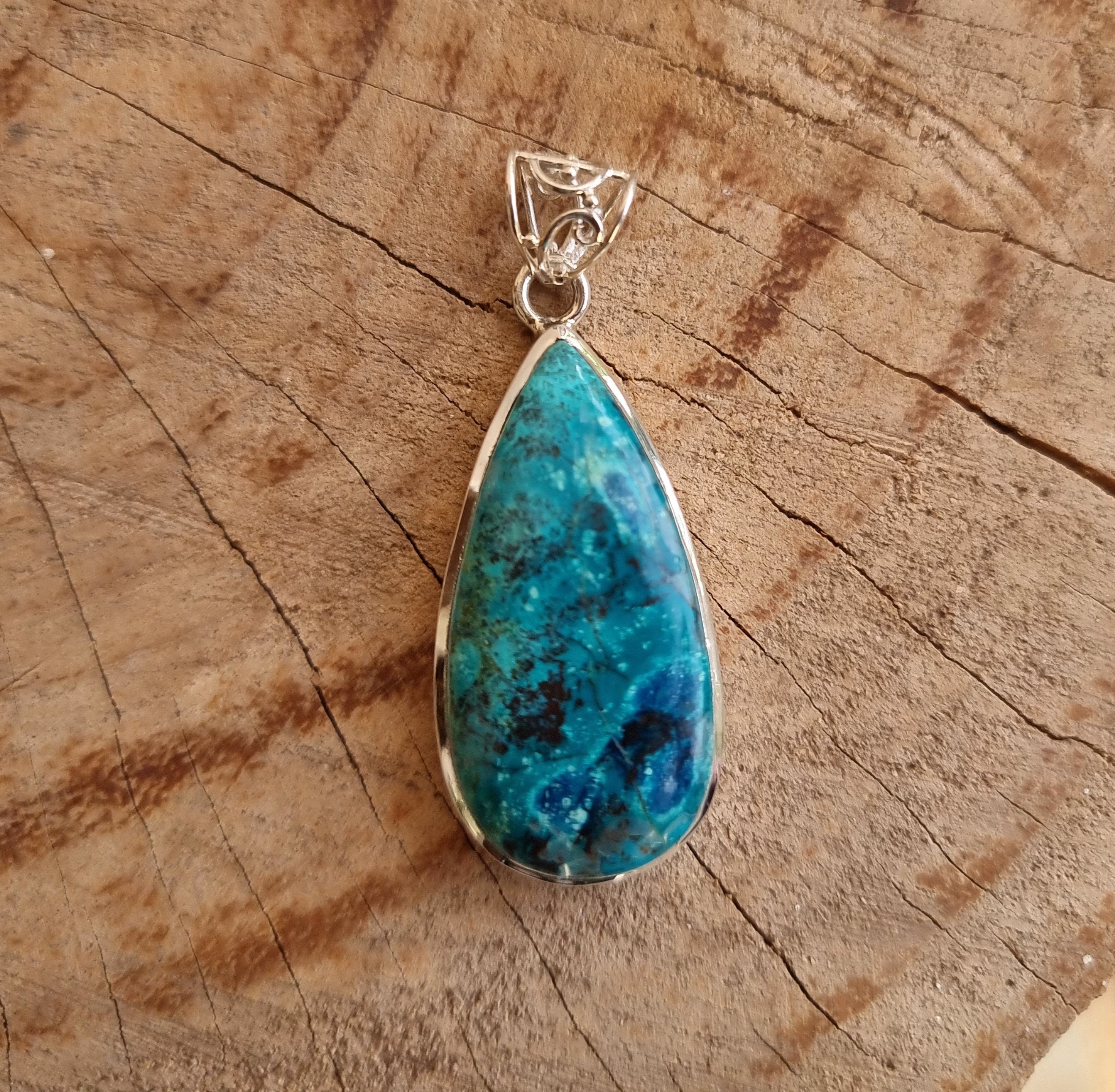 Collier Ancien En Azurite Sur Argent 925 - Cabochon Pierre Naturelle Bleue - État D’usage