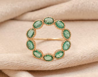 14K Solid Gold Emerald Ring – Flower Design Green Emerald Ring, Handmade Gold Floral Ring, May Birthstone Jewelry