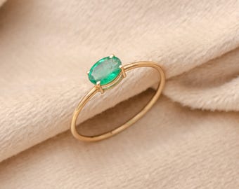 Minimal Emerald Ring Solid 14K Gold | Dainty Emerald Stacking Ring | May Birthstone Ring | Real Emerald Gold Ring | Gift for Her