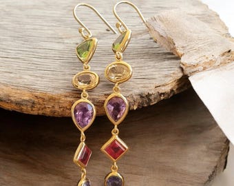 Multi Gemstone Earrings, 18k Gold Plated, 925 Sterling Silver Earrings, Handmade Earrings, Wedding Jewelry Gift For Her, valentine gifts