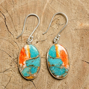 Oyster Copper Turquoise Silver Earrings, 925 Sterling Silver Earrings, Handmade Earring Spiny Oyster Earrings, Turquoise Earrings