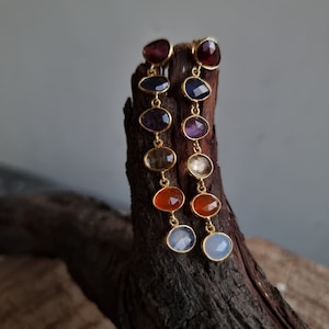Rainbow Gemstone Gold Dangle Long Earrings 14K Gold Sterling Silver, Boho Earrings, Birthday Gifts for Her, valentine gifts