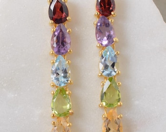 18k Gold Earrings, 925 Sterling Silver Earrings, Multi Stone Hanging Earrings, Garnet, Peridot Gemstone Earrings, valentine gifts