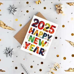 Cartão de Feliz Ano Novo, Cartão Festivo 2025, Cartão de Feriado 2025, Cartão de Feriado, Cartão de Ano Novo de Gato, Cartão de Natal para Imprimir, Cartão de Gato de Ano Novo