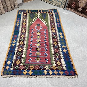 4x8 kilim, Turkish kilim rug, Bohemian kilim rug, Vintage kilim rug, Historical kilim rug, Handmade kilim rug, 4.4 x 7.7 ft.