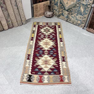 3x7 kilim, Turkish kilim rug, Older kilim, Bohemian kilim rug, Vintage kilim rug, Historical kilim rug, Handmade kilim rug, 2.7 x 6.5 ft.