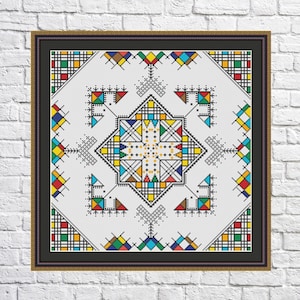 May include: A colourful geometric pattern with a white background. The pattern is made up of squares, triangles, and stars in shades of red, yellow, blue, green, and black.
