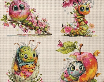 Set of 4 Cute Fuzzy Bugs Cross Stitch Patterns, Spring Nature cross stitch pattern, modern cross stitch, PDF, instant download, ANM98