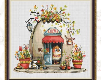 Easter Cross Stitch Pattern Coffee Shop, Folk Art Embroidery Design, Spring Cafe Scene, PDF, instant download, EST17