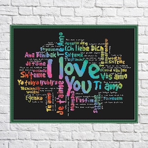 May include: A black and white word cloud with the word "I LOVE YOU" in the center. The words are in different languages, including English, French, Spanish, German, and Italian. The word cloud is surrounded by a green frame.