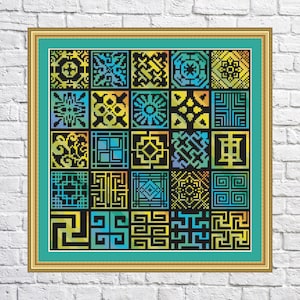 May include: A colorful cross-stitch pattern with a variety of geometric designs in shades of blue, green, yellow, and black.
