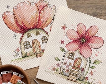 Set di 2 schemi per punto croce "Casetta di fiori delle fate", schema per punto croce con fiori, punto croce moderno, PDF, download immediato, FLR106-2