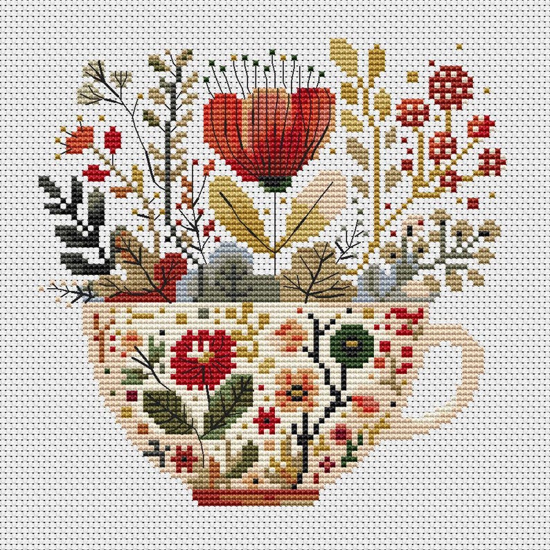 Set of 8 Folk Art Cross Stitch Patterns, Flowers Cross Stitch Pattern ...