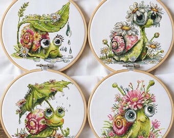 Set of 4 Floral Snail Cross Stitch Patterns, Spring Nature cross stitch pattern, modern cross stitch, PDF, instant download, ANM97
