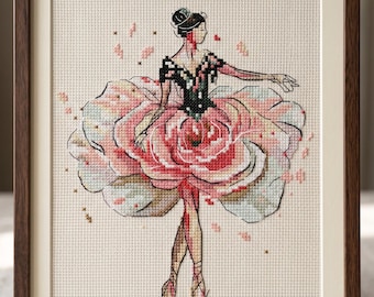 Schema per punto croce di ballerina, ricamo floreale di danzatrice in PDF, punto croce moderno, PDF, download immediato, FLR115-3