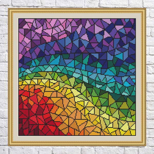 May include: A colorful abstract mosaic pattern with a rainbow color scheme. The mosaic is made up of small triangles in shades of purple, blue, green, yellow, orange, and red.