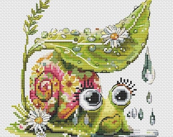 Floral Snail Cross Stitch Patterns, Spring Nature cross stitch pattern, modern cross stitch, PDF, instant download, ANM97-1