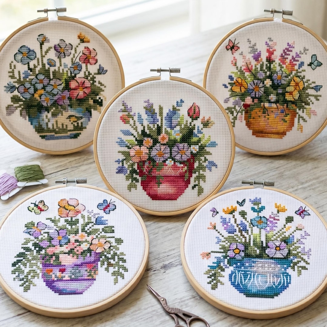 Spring Floral Cross Stitch Pattern Set, Quirky Garden, Nature Cross ...