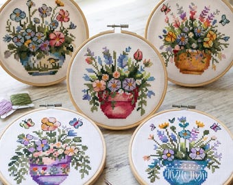 Spring Floral Cross Stitch Pattern Set, Quirky garden, Nature cross stitch pattern, modern cross stitch, PDF, instant download, FLR91