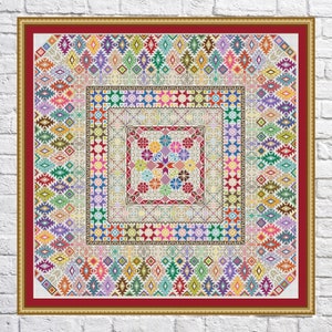 Può includere: Un motivo a punto croce colorato con un design geometrico. Il motivo presenta una varietà di colori, tra cui rosso, blu, verde, giallo e viola. Il motivo è incorniciato in una cornice dorata.