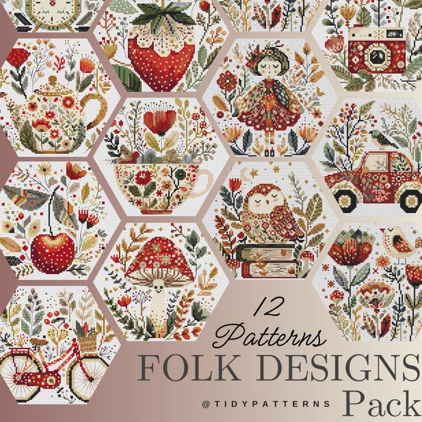 Set van 12 volkskunst kruissteekpatronen, bloemen kruissteekpatroon, moderne kruissteek, pdf, instant download, FLR86-FLR87-FLR90