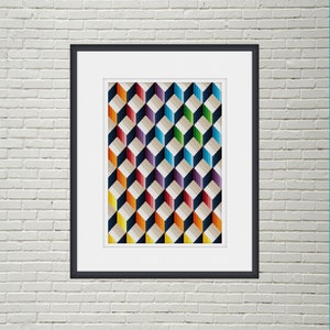 Puede incluir: Patrón geométrico abstracto con cubos coloridos en tonos de rojo, naranja, amarillo, verde, azul, morado y negro. Los cubos están dispuestos en un patrón repetitivo, creando una ilusión óptica de profundidad.