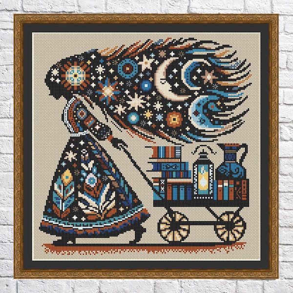 Books&Night, cross stitch pattern, Nature, modern cross stitch, PDF, instant download, Books-night