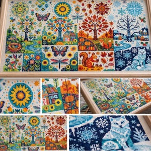 May include: A multi-paneled cross-stitch embroidery featuring seasonal nature scenes, including a spring meadow with a nest, summer sunflowers, autumn trees with a fox and squirrel, and a winter landscape with a white wolf and snowflakes.