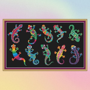 May include: A set of ten colourful, stylised, embroidered lizards on a black background. The lizards are in various poses and have different patterns and colours.