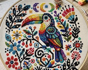 Tropical Toucan Cross Stitch Pattern, Colorful Nature Sampler, modern cross stitch, PDF, instant download, BIRD41