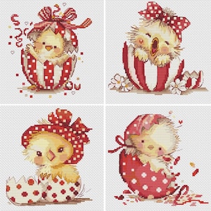 May include: Four cross-stitch designs featuring baby chicks hatching from red and white polka-dotted and striped eggs. Each chick wears a red bow with white polka dots. The designs are set against a white background.