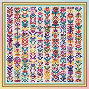 May include: A colorful cross-stitch pattern featuring vertical rows of stylized flowers and foliage in shades of red, yellow, blue, green, and purple. The design is framed with a gold border and a light blue inner border.