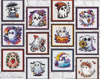 SET of 12 Halloween Ghost, cross stitch pattern, Autumn, fall, Holidays, modern cross stitch, PDF, instant download, HAL24