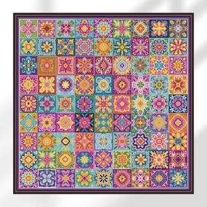 May include: A framed cross-stitch sampler with a mosaic design of square tiles. Each tile displays a unique floral or geometric pattern in bright colours including pink, yellow, blue, and green. The artwork is framed in a dark brown border.