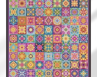 Può includere: Un campionario a punto croce incorniciato, con un mosaico di piastrelle quadrate. Ogni piastrella mostra un design floreale o geometrico unico in vivaci tonalità di rosa, giallo, blu e verde. L'opera è incorniciata in una cornice marrone scuro.