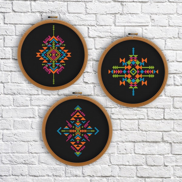 Ensemble de 3 motifs aztèques, motif point de croix, motif géométrique, point de croix moderne, PDF, téléchargement immédiat, AZT07