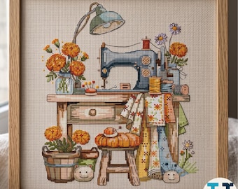 Vintage Sewing Corner Cross Stitch Pattern, Christmas Decoration, Holidays, PDF, instant download, SEWING03