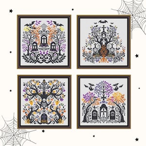 SET of 4 Halloween trees, cross stitch pattern, Autumn, fall, Holidays, modern cross stitch, PDF, instant download, HAL27