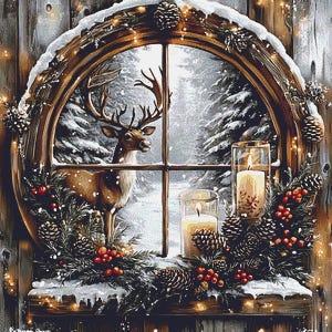 May include: A rustic wooden window frame with a view of a snowy forest and a deer. The window is decorated with a garland of pine branches, red berries, and pinecones. There are three lit candles on the windowsill.