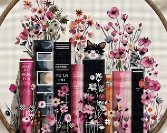 Felicità rosa, schema per punto croce con gatto, punto croce moderno, PDF, download immediato, CAT65-1