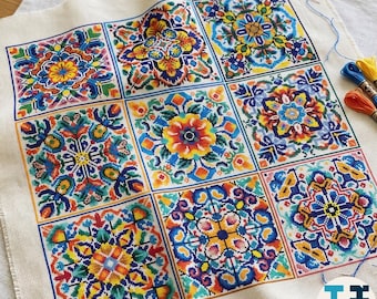 Mediterranean Tile Cross Stitch Pattern, Floral mosaic, modern cross stitch, PDF, instant download, PATCH114