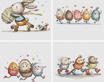 EASTER set Cross Stitch Pattern, Cute Spring bunnies, ducks, sheep, and chicks, modern cross stitch, PDF, instant download, EST14