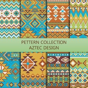 May include: A set of eight seamless patterns featuring geometric Aztec designs in blue, green, yellow, brown, and white.