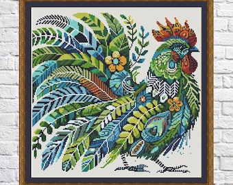 Jungle Rooster, cross stitch pattern, modern cross stitch, PDF, instant download, COQ02